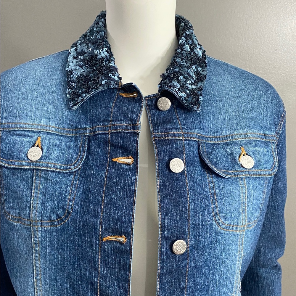 Blumarine Denim Jacket with Sequin Collar Embroidery on back Size small - Picture 3 of 15